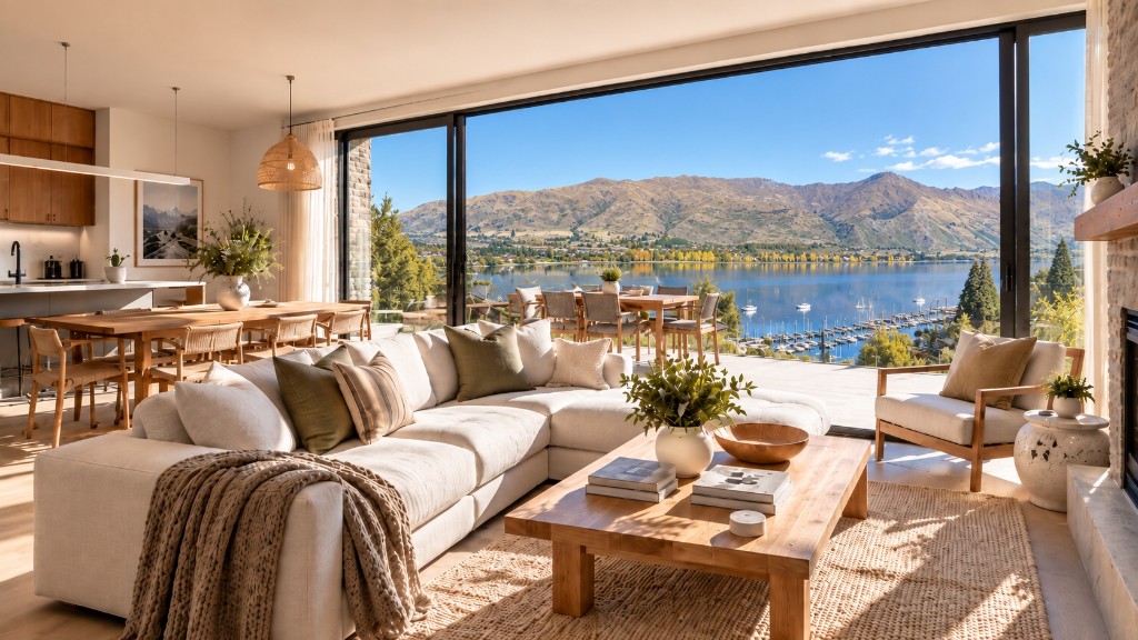Bright holiday home interior looking out to Lake Wānaka and the mountains