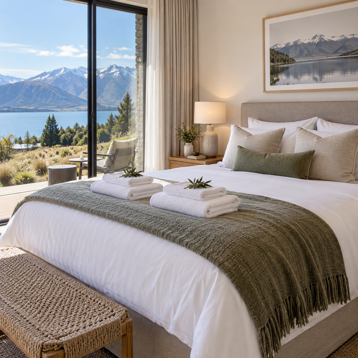 A guest-ready bedroom with fresh linen and folded towels