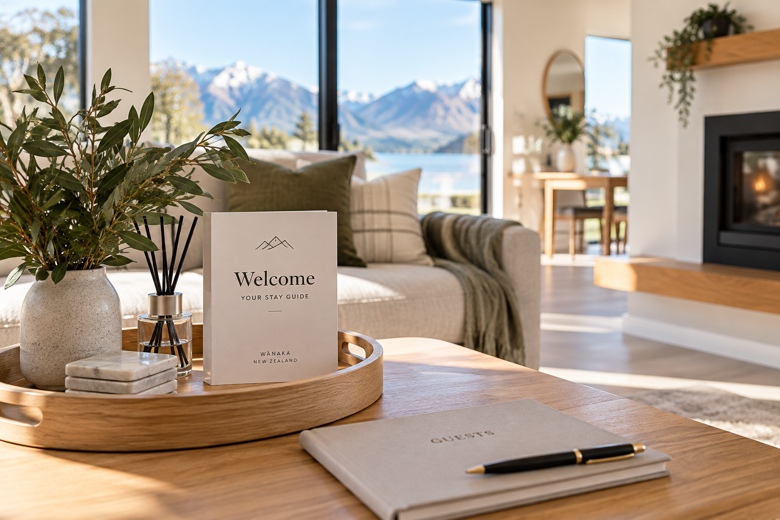 A holiday home living room with a Wānaka welcome stay guide