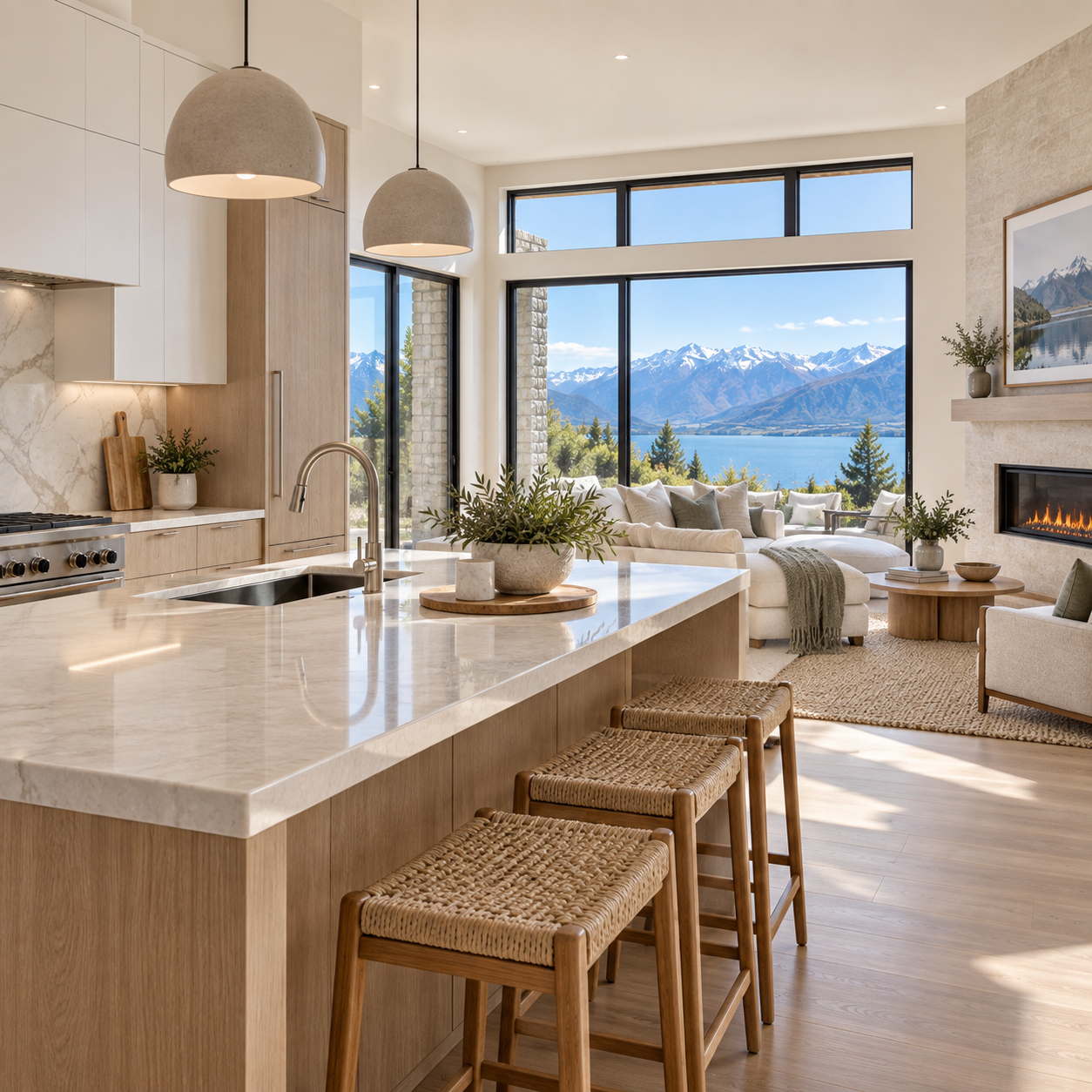 A clean premium kitchen and living area